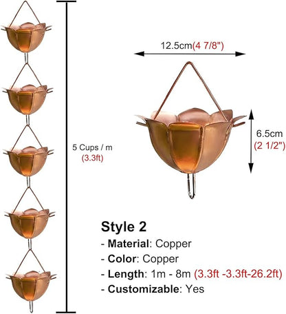 Copper Rain Chain for Heavy Rain, Decorative Rainwater Diverter, Outdoor Garden Decor for Gutter Downspout (Style2 3.4m (11.1ft))
