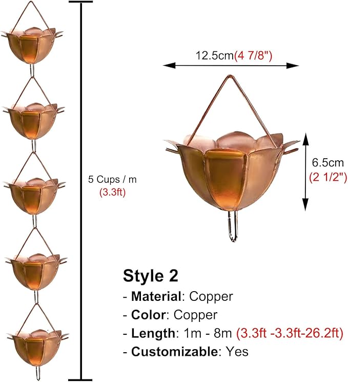Copper Rain Chain for Heavy Rain, Decorative Rainwater Diverter, Outdoor Garden Decor for Gutter Downspout (Style2 3.2m (10.5ft))