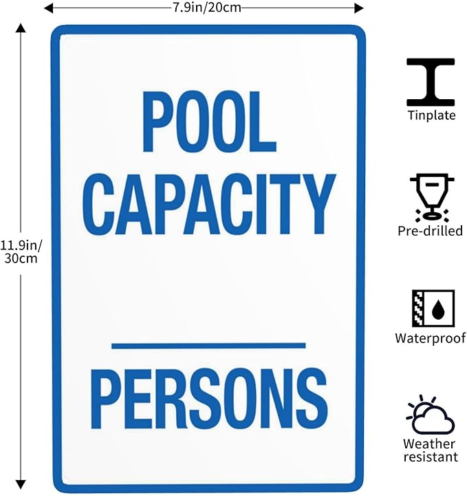 Retro Aluminum Warning Sign, Pool Capacity Sign, Vintage Style, 8 X 12 Inches
