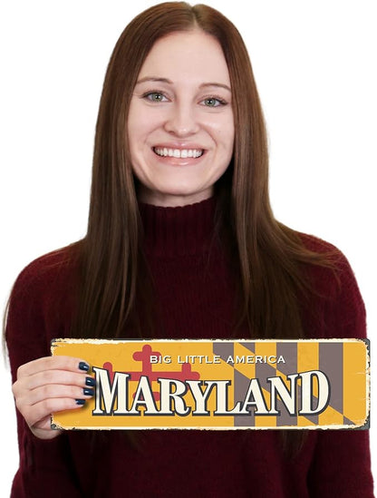 SmartSign 4 x 14 inch Maryland State Vintage Metal Sign “Big Little America”, 40 mil Rustproof Aluminum with Clear Overcoat, Retro Wall Décor, Multicolor, Made in USA