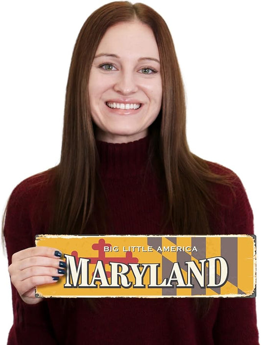 SmartSign 4 x 14 inch Maryland State Vintage Metal Sign “Big Little America”, 40 mil Rustproof Aluminum with Clear Overcoat, Retro Wall Décor, Multicolor, Made in USA