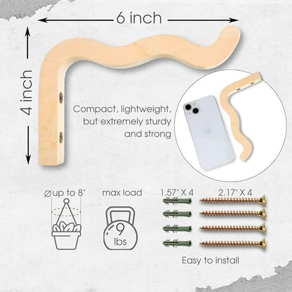 EvenWood 2-Piece Set of Wavy Wooden Wall Planters for Indoor Plants 6 Inch - Natural Plant Hook for Wall Plant, Wind Chimes, Flower Brackets, Patio Garden Decorations - Bracket Plant Hanger (Natural)