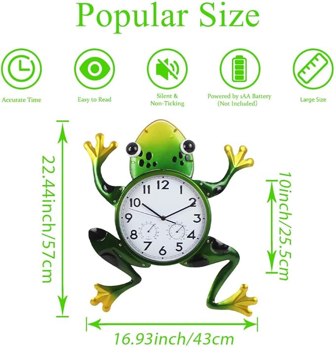 Large Outdoor Clock, Frog Outdoor Wall Clock with Thermometer & Humidity, Silent Non-Ticking Outside Clock for Patio, Living Room, Kitchen