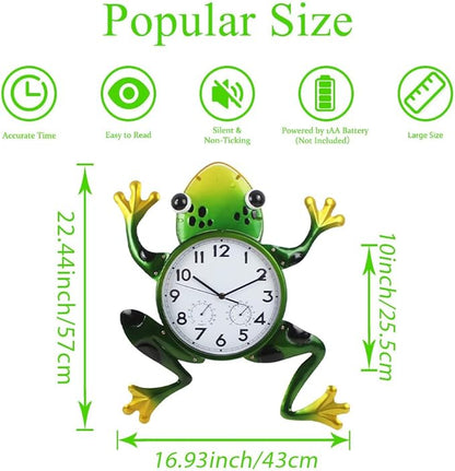 Large Outdoor Clock, Frog Outdoor Wall Clock with Thermometer & Humidity, Silent Non-Ticking Outside Clock for Patio, Living Room, Kitchen