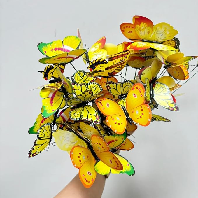 Rikyo 3D Butterfly Garden Stake Decor,10" PVC Butterfly Garden Decor for Outside,Shaking Head Artificial Butterflies for Cake Bouquet Wall Lawn Pathway Plant Pot Flower Bed Yard Decor (50, Yellow)