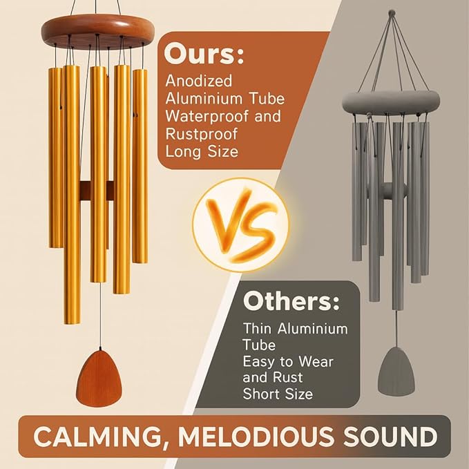 MiShoo® Large Aluminium Wind Chimes Outside, 34" Soothing Melodic Wind Chime, Suitable Outdoor Garden Patio Decor, Gift for Mom, Women, Neighbors (Gold)
