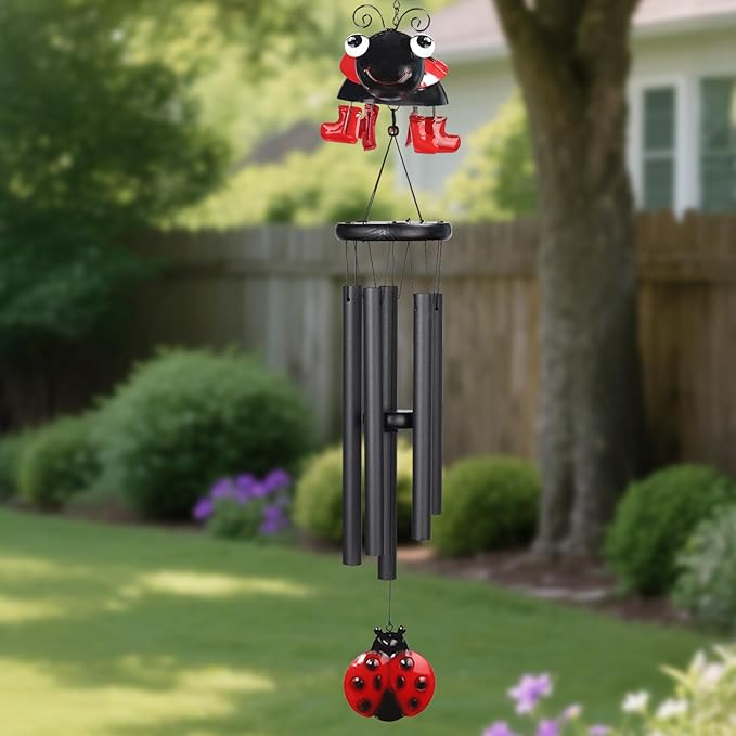 Ladybug Wind Chimes for Outside Metal Cute Beetle with Spinning Feet, Black Aluminum Tubes, Garden Yard Hanging Decor Wind Chimes, for Women, Men, Kids and Nature Lovers