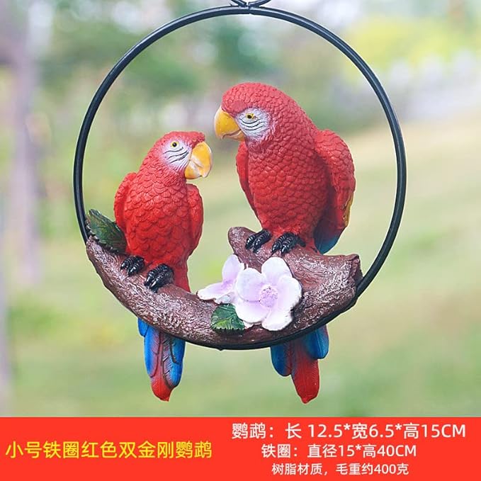 Mini Garden Statues Hanging Iron Ring Parrots, Resin Parrot Hanging Statue, Hanging Birds Figurine for Pathways Yard Patio Office Home Indoor Outdoor Tree Decorations (B-2)
