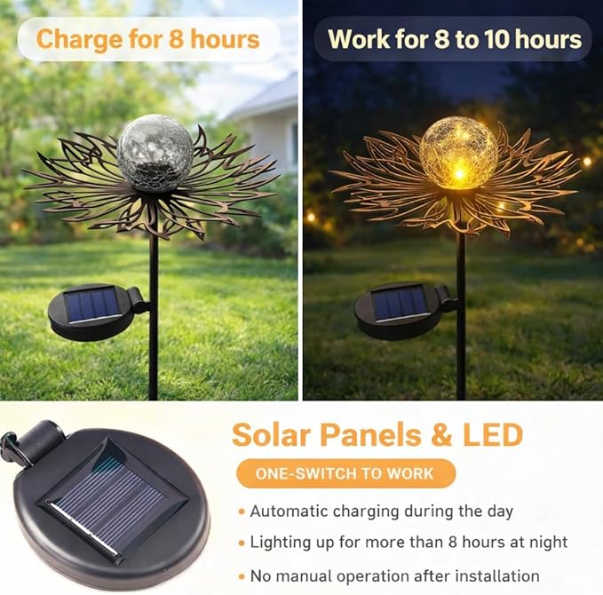 Solar Garden Lights Outdoor Decorative, Sun Crackle Glass Globe LED Solar Stake, Waterproof Metal Yard Lawn Patio Pathway Landscape Lighting, Unique Garden Gifts for Women Mom(Bronze)