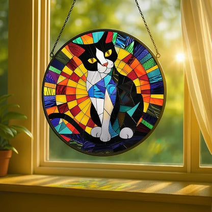 Stained Glass Window Hanging - Tuxedo Cat Rainbow Pattern 7.8in Sun Catchers Indoor Stained Glass Panels Wall Decor for Mom, Wife, Lovers, Festive