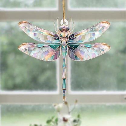 Dragonfly Ornament Stained Glass Style – Acrylic Window Hanging Suncatcher, Car Rearview Mirror Charm, Whimsical Holiday Christmas Tree Ornament, Unique Dragonfly Gifts for Women, Mom, Teacher(Sun-13)