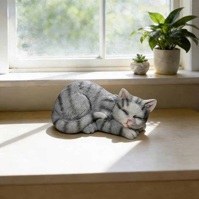 Garden Outdoor Decor Cats Statue, Sleeping Cat Figurines Garden Statues & Sculpture Decor for Patio, Porch and Lawn, Cat Memorial Stone Gifts for Lover and Womens Grey
