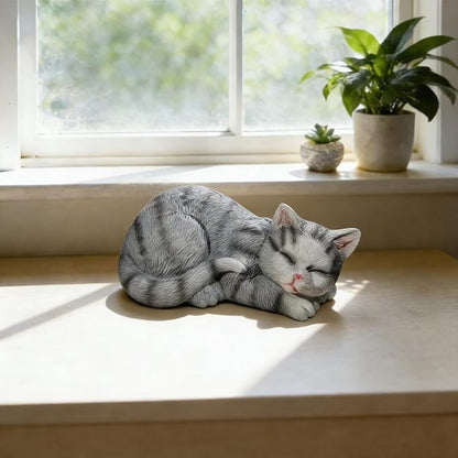 Garden Outdoor Decor Cats Statue, Sleeping Cat Figurines Garden Statues & Sculpture Decor for Patio, Porch and Lawn, Cat Memorial Stone Gifts for Lover and Womens Grey
