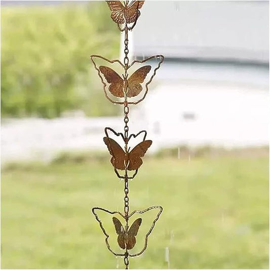 Hanging Rain Chains, Creative Kettle/Heart/Butterfly/Ring/Bell Style Link Rain Chain with Metal Chains for for Office Window Stone Wall Decorative Wall Art Ornaments (Butterfly Style)