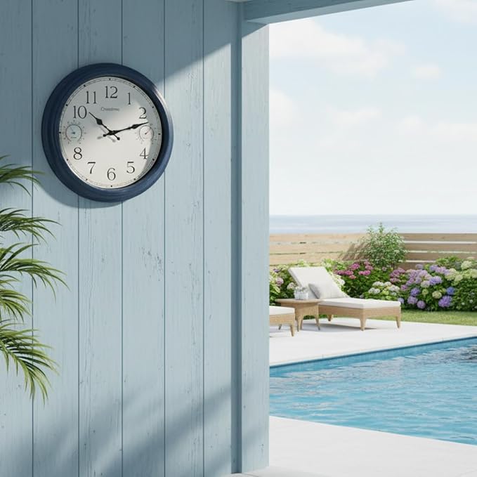 Crosstime 16 Inch Large Outdoor Clock with Thermometer & Hygrometer – Vintage Blue Coastal Decor Waterproof Wall Clock for Patio, Pool, Garden, Backyard