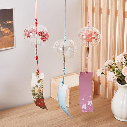 BENECREAT 3PCS Japanese Wind Chimes Pink Cherry/Red/Blue Glass Wind Bells Handmade Pendants for Birthday Gift, Home Wedding Party Decorations