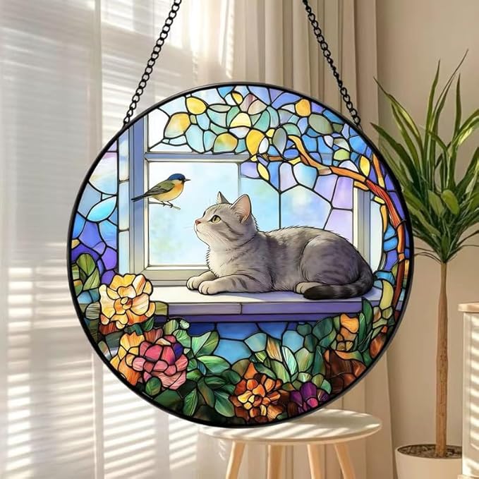 Stained Glass Cat Window Suncatcher, Cat on Windowsill Sun Catcher, Colorful Pet Lover Window Decor Gift