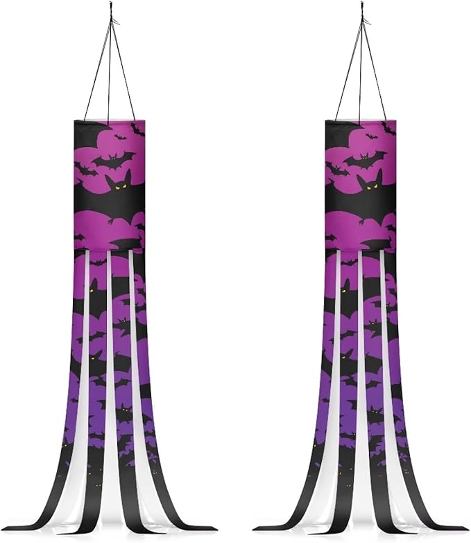 Halloween Purple Black Bat Windsock 2 Pieces Front Yard Patio Lawn Garden Party Decor Halloween Spooky Horror Decoration Machine Washable