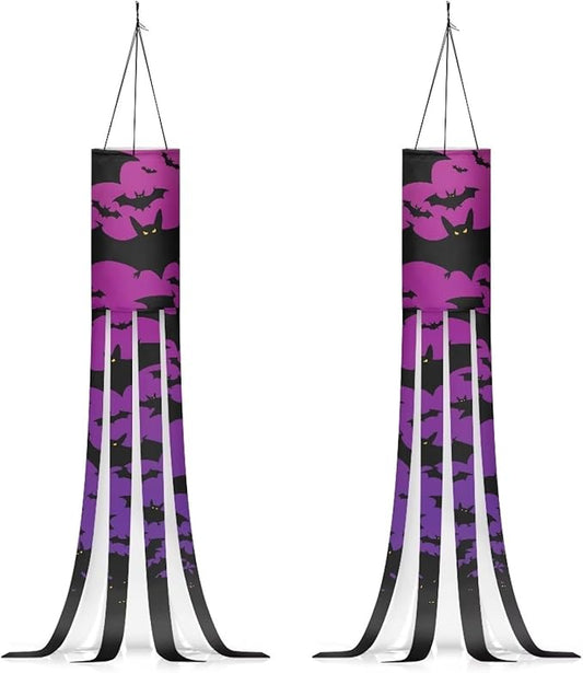 Halloween Purple Black Bat Windsock 2 Pieces Front Yard Patio Lawn Garden Party Decor Halloween Spooky Horror Decoration Machine Washable