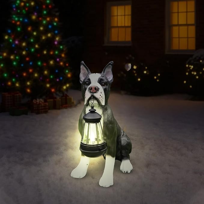 Boston Terrier Dog Garden Statue with Solar Lantern and Double-Sided Welcome Sign, Large Realistic Resin Dog Figurine Outdoor Decor, Waterproof Pet Memorial Sculpture for Yard, Porch, Gift for Family