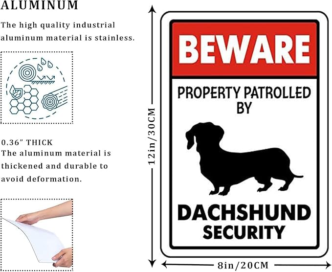 CCPARTON Metal Beware Property Patrolled by Dachshund Security Signs Aluminum Road Tin Signs for Outdoor Coffee Shop bar Club 8x12 Inches