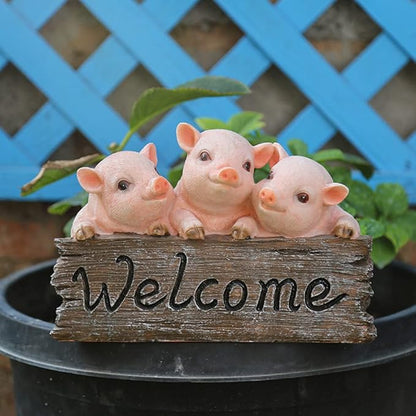 Primst Pig Welcome Sign - Resin Garden Statue Decor for Courtyard & Lawn Patio Decoration