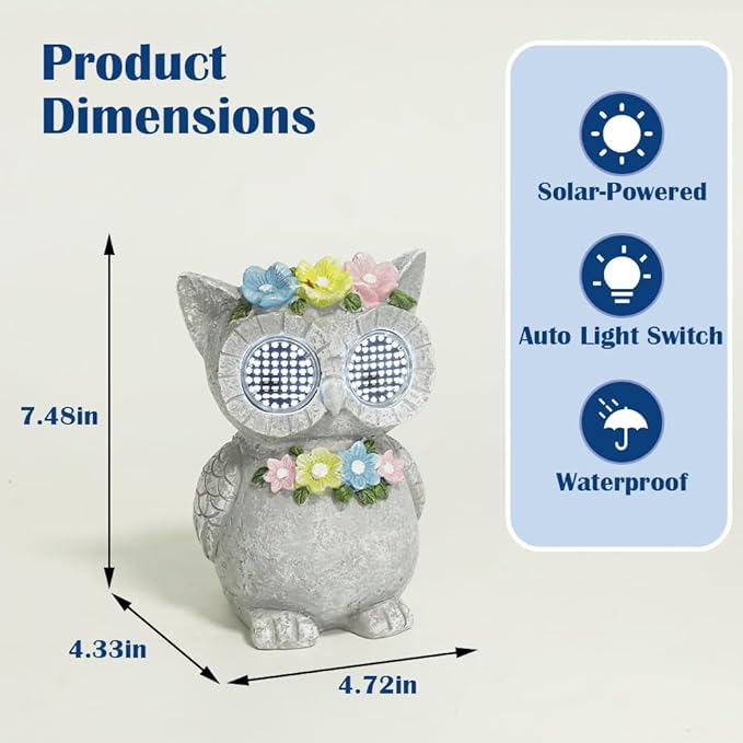 Outdoor Solar Garden Statue, Dynamic LED Light with Flower Sculpture, Art Decor for Patio Porch Lawn Backyard, Housewarming Gifts for Women (Stone Owl)