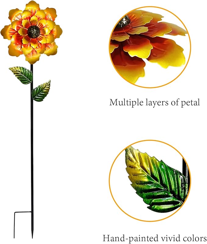 Metal Flower Garden Stake Yard Art Garden Decor, 42" Large Handcrafted Gold Metal Outdoor Decor Lawn Ornaments Grave Decorations for Cemetery
