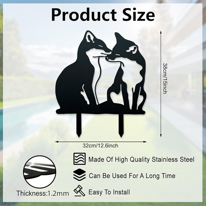 WADORN Adorable Fox Metal Outdoor Statues Silhouette, Fox Metal Decorative Garden Stakes Funny Animal Silhouette Ornament Gift Fox Outdoor Decoration for Garden Backyard Patio Lawn Outdoor Ornaments
