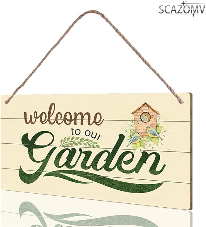 SCAZOMV Garden Sign Decor, Welcome To Our Garden, Funny Outdoor Decorative For Garden Backyard Patio Farmhouse, Potting Shed She Shed Personalized Wooden Hanging Plaque 5"X 10"