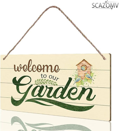 SCAZOMV Garden Sign Decor, Welcome To Our Garden, Funny Outdoor Decorative For Garden Backyard Patio Farmhouse, Potting Shed She Shed Personalized Wooden Hanging Plaque 5"X 10"