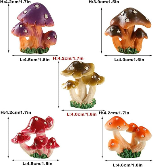 DIYOMR 5pcs Mushrooms Figurines, Creative Resin Mushroom Series Fairy Garden Accessories Craft Indoor Outdoor Decor