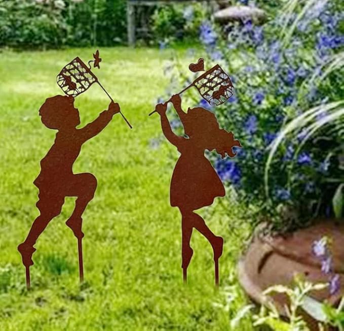 Butterfly Girl Silhouette Sculpture,Shadow Art Garden Figurines, Metal Garden Fence Stake for Lawn Outdoor Patio Home Decor (E)