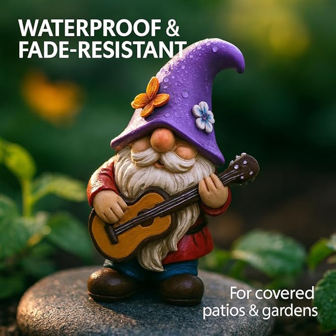 GoGnome Musical Gnome Figurine with Guitar – Handcrafted Resin Garden or Shelf Decoration, 6.2" Tall Whimsical Gnome Statue with Purple Hat, Flowers & Butterfly, Gift for Music Lovers (Purple)