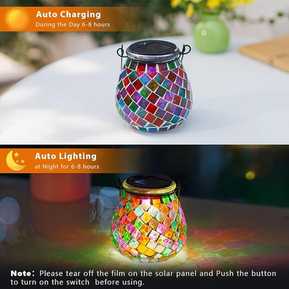 Stargarden 4 Pack Mosaic Solar Lanterns Outdoor Waterproof, Colorful Glass Hanging Lantern Decorative Solar Lights for Yard, Patio, Lawn, Gaden Decor
