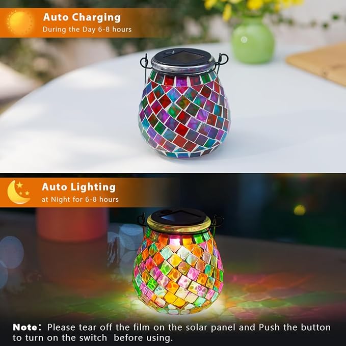 Stargarden Mosaic Solar Lanterns Outdoor Waterproof, Colorful Glass Hanging Lantern Decorative Solar Lights for Yard, Patio, Lawn, Gaden Decor