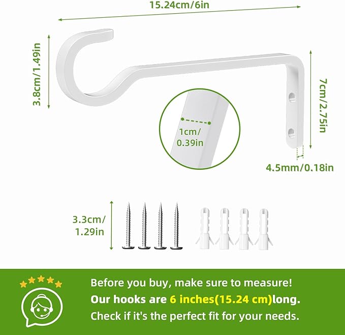 saffruff 6 Inch 2 Pack Heavy Duty Outdoor Plant Hangers for Hanging Baskets, Iron Hanging Plant Brackets, Metal Plant Wall Hooks for Lantern, Bird Feeder, Windchime, White