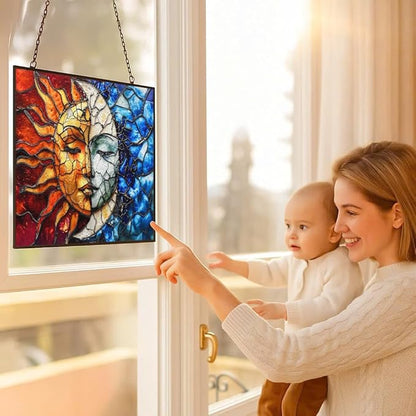 Rectangle Sun and Moon Stained Glass Suncatcher Window Hangings, Suncatchers Colorful Glass Panel Sun Catchers Gifts, Decoration for Home Garden Christmas Party Wedding