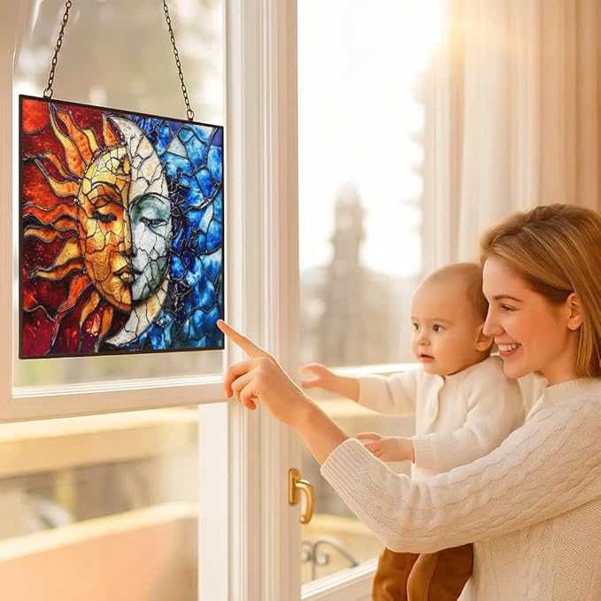 Rectangle Sun and Moon Suncatchers for Windows, Stained Glass Window Hangings,Hand-Painted Glass Panel Perfect for Home Décor