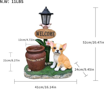 Solar Light Animal Outdoor Statue Planter with Welcome Sign, Resin Garden Sculpture Flower Pot for Patio Lawn Porch Yard Courtyard Decor, Weather-Resistant Decorative Figurine Accent (O)