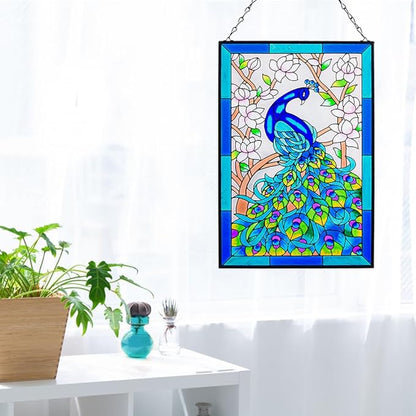 VEWOGARDEN W10 xH15 Peacock Art Glass Suncatcher Hand Painted Stained Glass Window Hangings Panel Decor with Chain