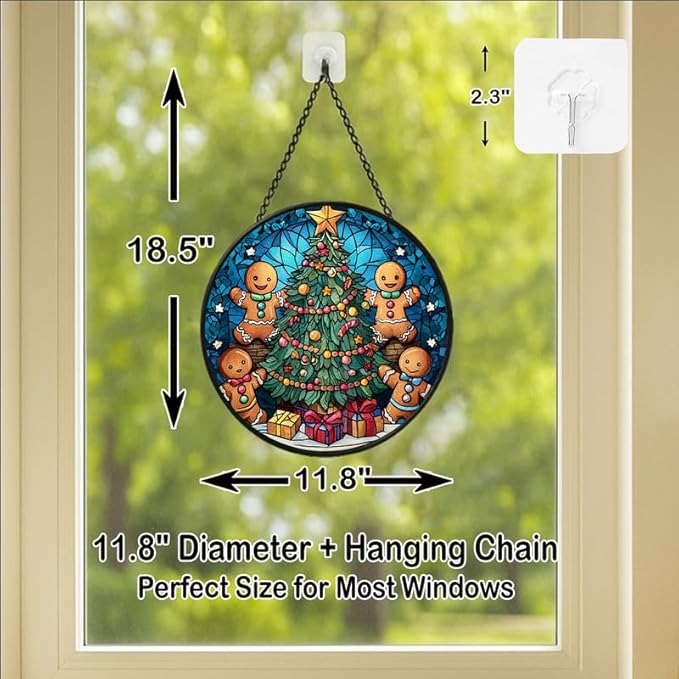 Stained Glass Window Hanging - 11.8in Gingerbread Men Decorating Christmas Tree Sun Catchers Panel for Indoor Decorative Display for Mom,Wife,Lovers,Festive