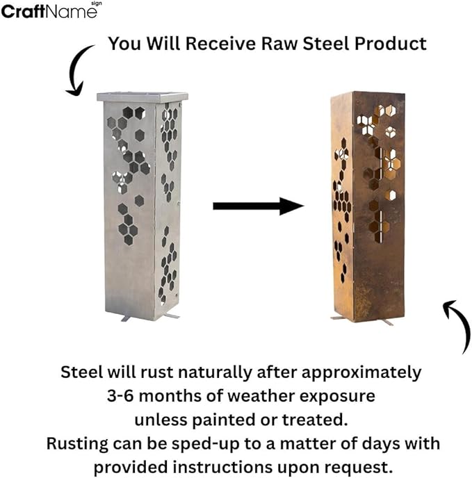 Rusted Metal Garden Column Outdoor Yard Art Decor, Weathered Steel Landscape Sculpture for Pathway Driveway Patio Lawn with Honeycomb Cutout Design with LID ON TOP