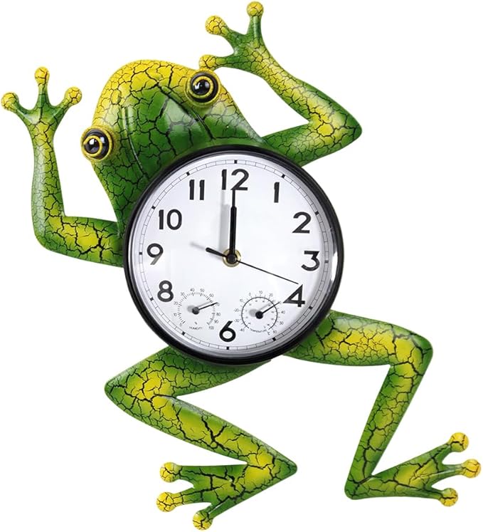 Frog Outdoor Clock with Thermometer & Humidity, Outdoor Wall Clock Silent Non-Ticking Outside Clocks for Patio, Garden, Home Decor