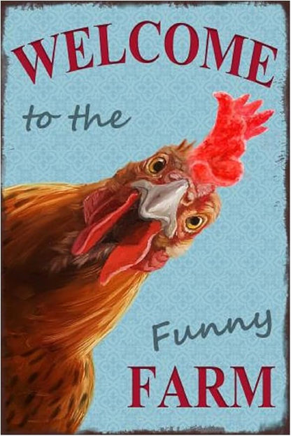 Funny Chicken Sign, Metal Chicken Coop Tin Signs, Welcome to the funny farm, Yard Sign Garage Farm Garden Wall Decor Sign Plaque Outdoor for Home Fence 8 X 12 Inches