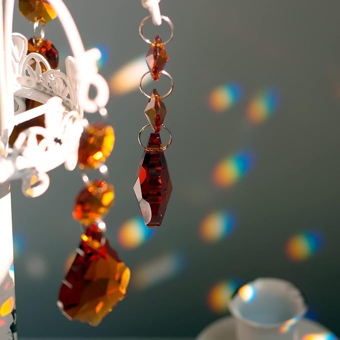 20pcs Crystal Maple Leaf Chandelier Pendant Prisms, Hanging Glass Crystals Octagon Beads for Christmas Party Decoration 38mm (Amber)