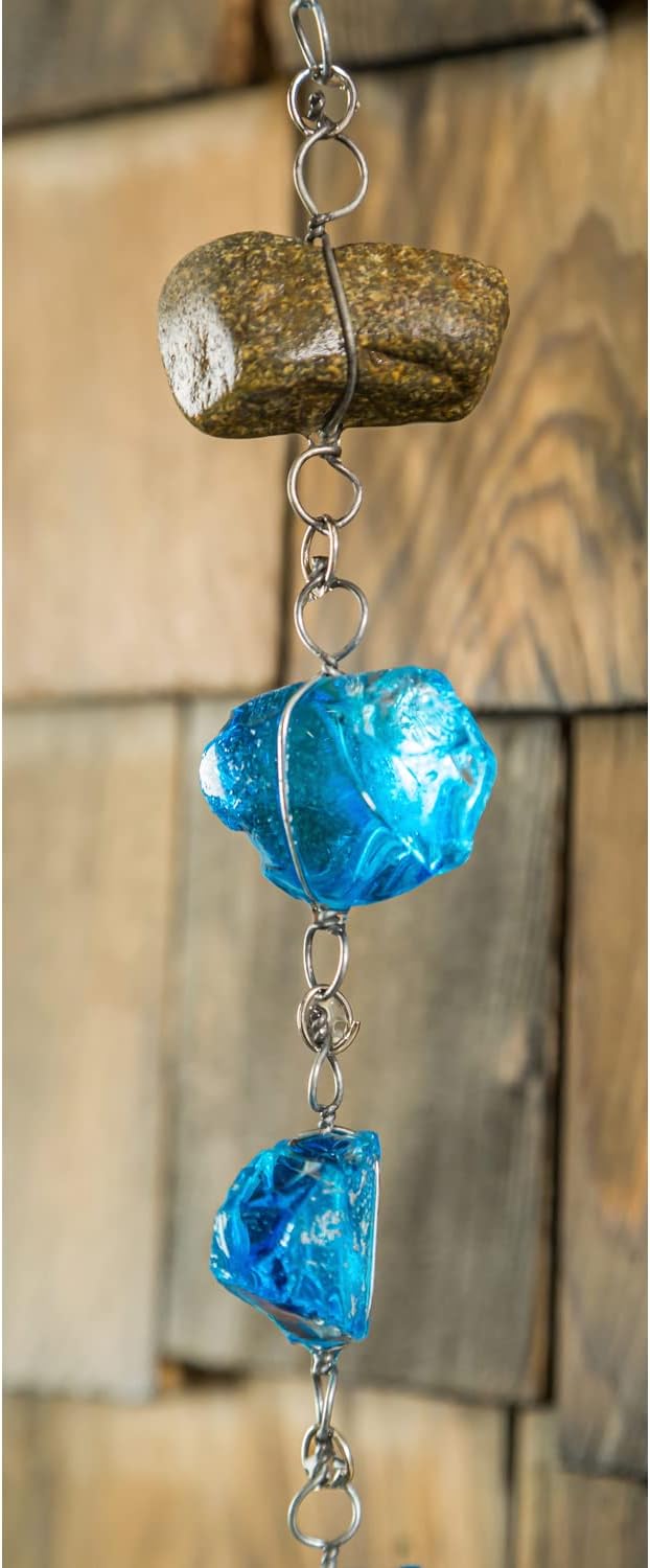 Evergreen 6 Feet Long Blue Glass and Metal Rain Chains for Gutters | Rain Catcher Chain Replacement Downspout | Decorative Rain Chains for Outside Garden Balcony Porch