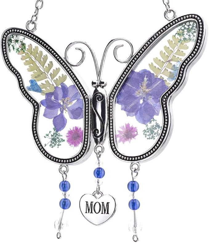Laraine Butterfly Suncatcher with Pressed Colourful Flower Wings Mother's Day Butterfly Glass Wind Chime Ornament Charm with Metal Heart Gifts for Mom Grandma Birthday (Purple Mom)