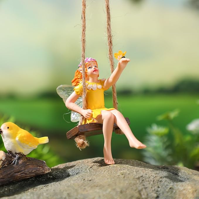 HANABASS Flower Fairy Swing Statue Outdoor Garden Sculpture Creative Hanging Fairy Figurine for Patio and Landscape Resin Crafts Swing Statue for Lawn Yard Patio Windowsill Garden Gifts