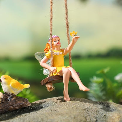 HANABASS Flower Fairy Swing Statue Outdoor Garden Sculpture Creative Hanging Fairy Figurine for Patio and Landscape Resin Crafts Swing Statue for Lawn Yard Patio Windowsill Garden Gifts